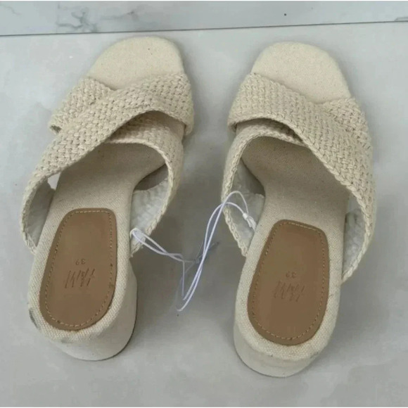 H&M Womens Square Toe Crossover Block Heels Crochet Mules Sandal Beige Sz 8 - Picture 5 of 9